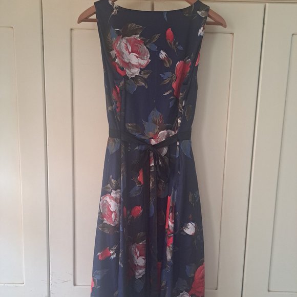 Frock Shop Dark Blue Red Floral Sleeveless Midi Dress Sz L fits more like Med - Picture 4 of 6